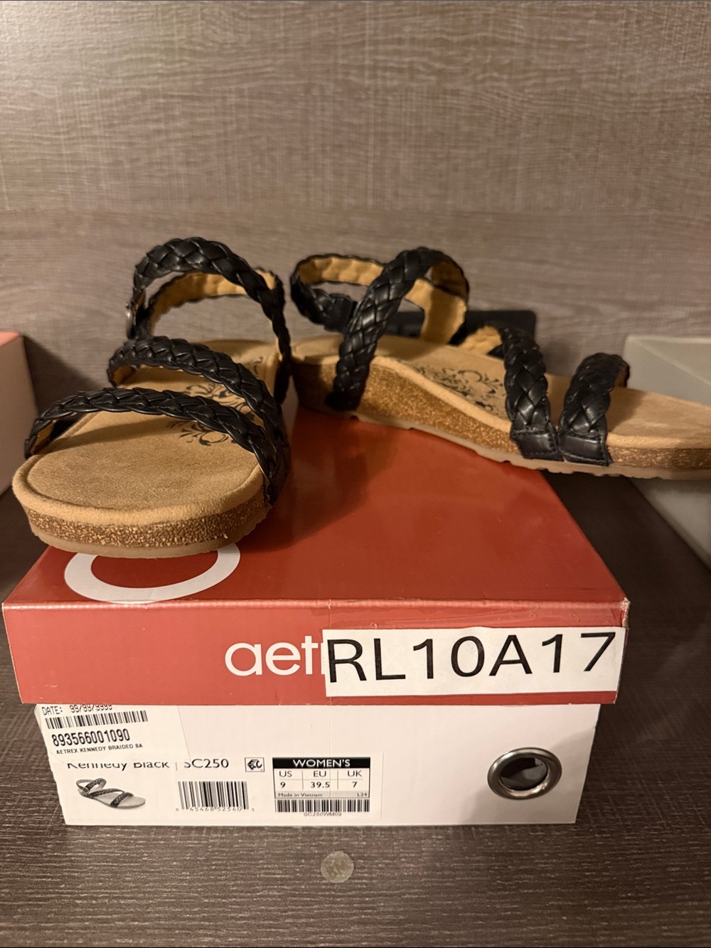Aetrex Kennedy Black Braided Triple-Strap Women's Sandals